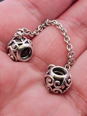 925 Sterling Silver Pandora Scroll Enchanted Hearts Safety Chain Charm Bead